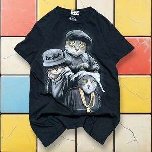 Y2K Gangster Cat Rap Tee Men Small Black Hip Hop 2Pac Graphic Short Sleeve Shirt